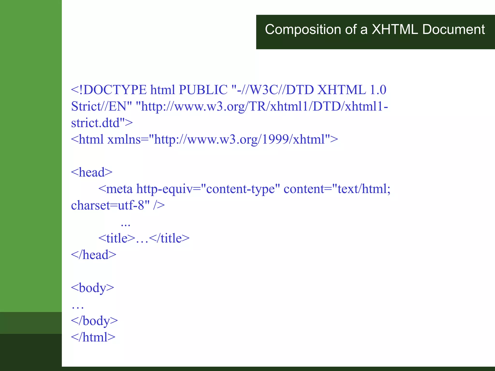 Composition of a XHTML Document
<!DOCTYPE html PUBLIC "-//W3C//DTD XHTML 1.0
Strict//EN" "http://www.w3.org/TR/xhtml1/DTD/xhtml1-
strict.dtd">
<html xmlns="http://www.w3.org/1999/xhtml">
<head>
<meta http-equiv="content-type" content="text/html;
charset=utf-8" />
...
<title>…</title>
</head>
<body>
…
</body>
</html>
 