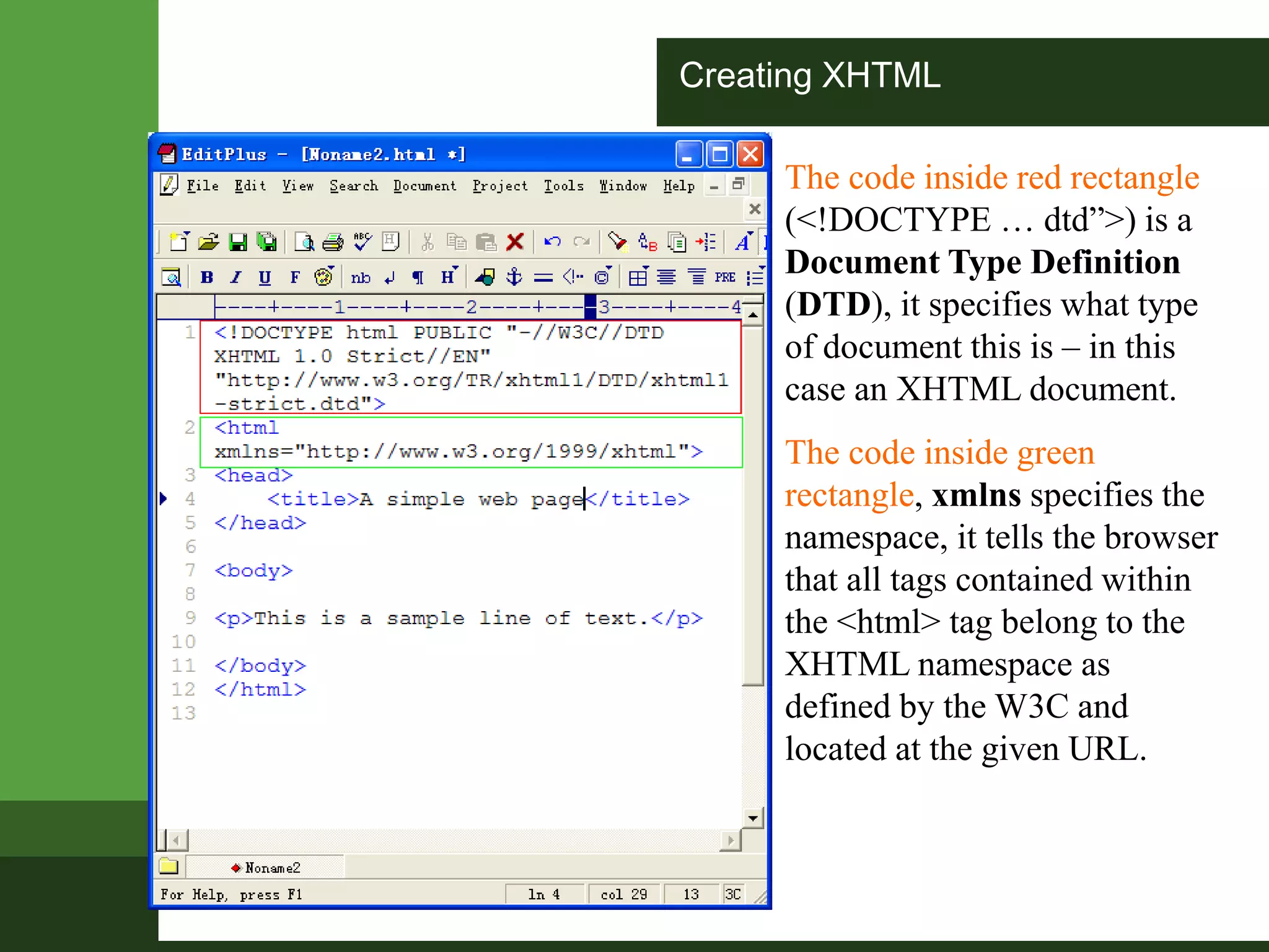 Creating XHTML
The code inside red rectangle
(<!DOCTYPE … dtd”>) is a
Document Type Definition
(DTD), it specifies what type
of document this is – in this
case an XHTML document.
The code inside green
rectangle, xmlns specifies the
namespace, it tells the browser
that all tags contained within
the <html> tag belong to the
XHTML namespace as
defined by the W3C and
located at the given URL.
 