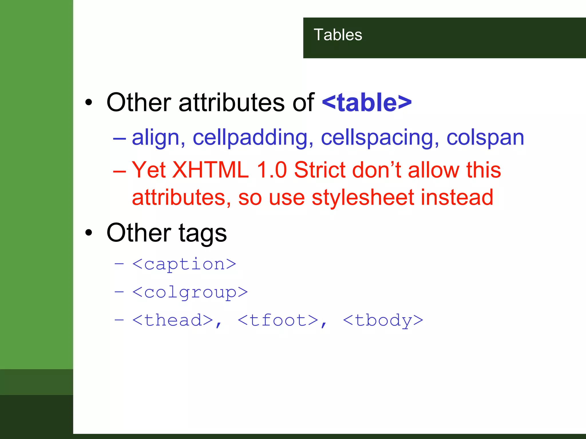 Tables
• Other attributes of <table>
– align, cellpadding, cellspacing, colspan
– Yet XHTML 1.0 Strict don’t allow this
attributes, so use stylesheet instead
• Other tags
– <caption>
– <colgroup>
– <thead>, <tfoot>, <tbody>
 