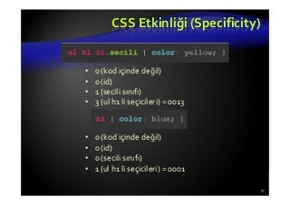 CSS Etkinliği (Specificity)
57
• 0 (kod içinde değil)
• 0 (id)
• 1 (secili sınıfı)
• 3 (ul h1 li seçicileri) = 0013
• 0 (kod içinde değil)
• 0 (id)
• 0 (secili sınıfı)
• 1 (ul h1 li seçicileri) = 0001
 