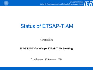 1
Status of ETSAP-TIAM
Markus Blesl
IEA-ETSAP Workshop - ETSAP TIAM Meeting
Copenhagen – 19th November, 2014
 