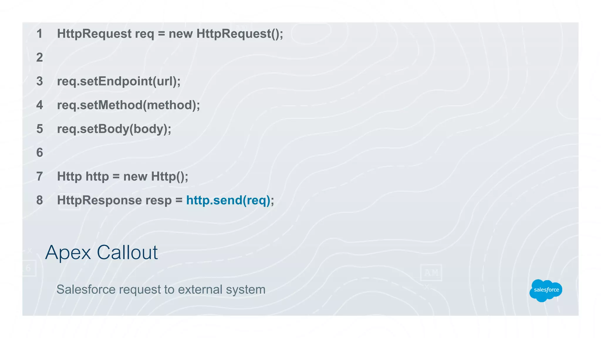 Apex Callout
Salesforce request to external system
HttpRequest req = new HttpRequest();
req.setEndpoint(url);
req.setMethod(method);
req.setBody(body);
Http http = new Http();
HttpResponse resp = http.send(req);
1
2
3
4
5
6
7
8
 