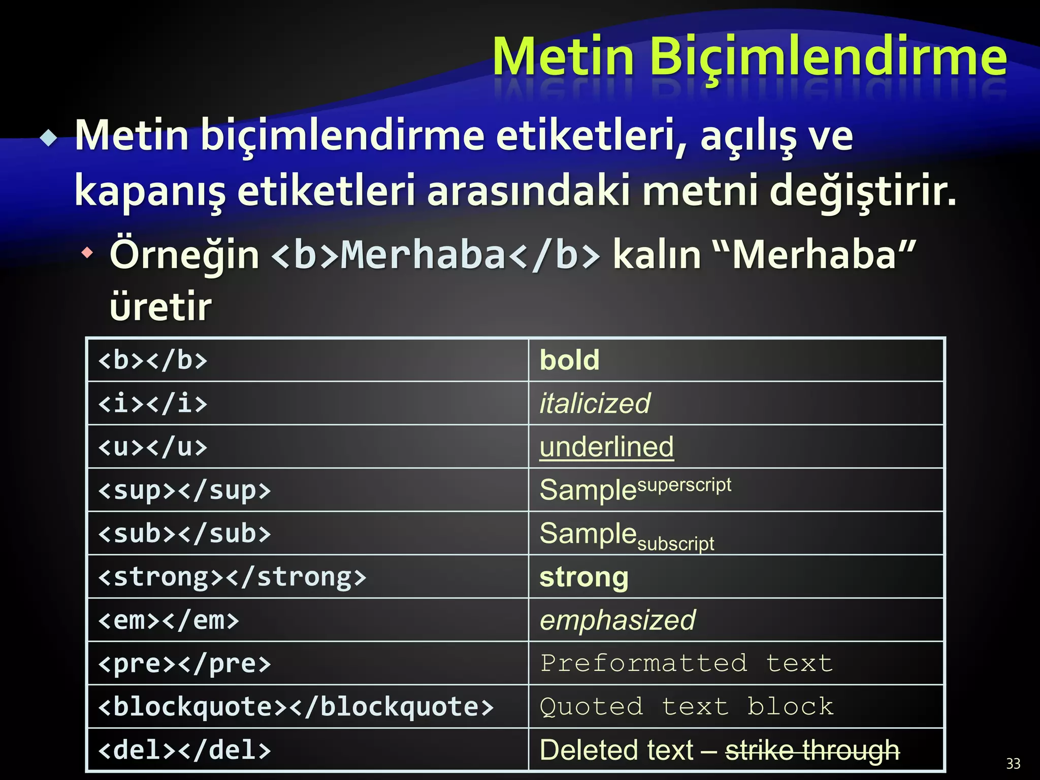 Metin Biçimlendirme
 Metin biçimlendirme etiketleri, açılış ve
kapanış etiketleri arasındaki metni değiştirir.
 Örneğin <b>Merhaba</b> kalın “Merhaba”
üretir
<b></b> bold
<i></i> italicized
<u></u> underlined
<sup></sup> Samplesuperscript
<sub></sub> Samplesubscript
<strong></strong> strong
<em></em> emphasized
<pre></pre> Preformatted text
<blockquote></blockquote> Quoted text block
<del></del> Deleted text – strike through 33
 