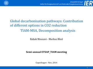1
Global decarbonisation pathways: Contribution
of different options in CO2 reduction
TIAM-MSA, Decomposition analysis
Babak Mousavi - Markus Blesl
Semi-annual ETSAP_TIAM meeting
Copenhagen - Nov, 2014
 