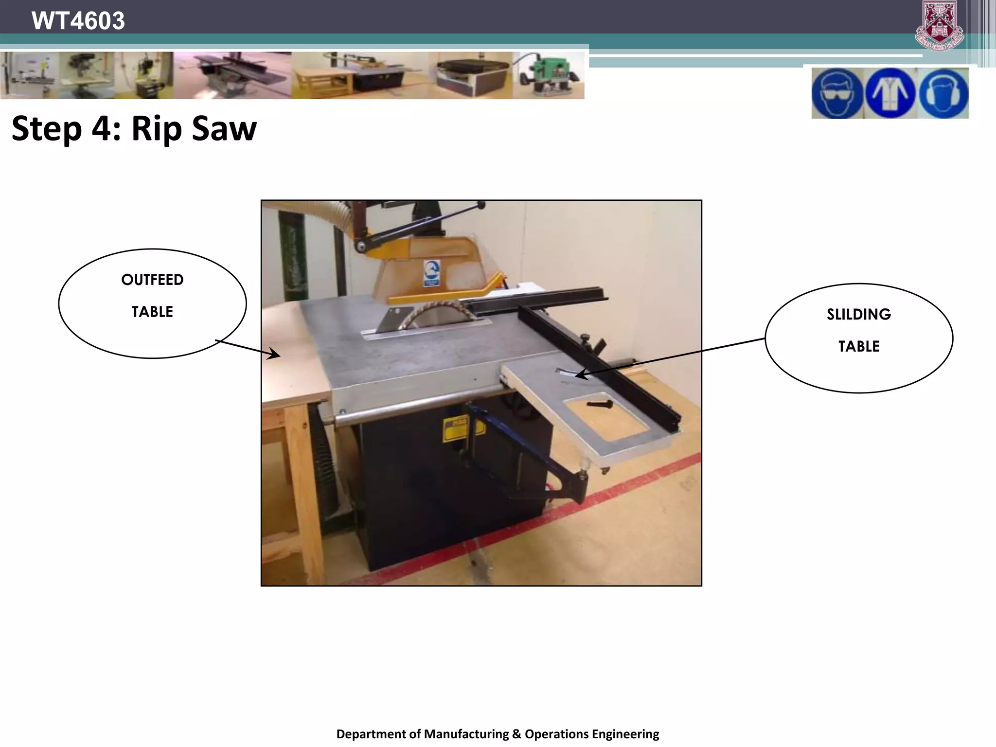 WT4603Step 3A: Planning material.Plane edges parallel to each other.Thickness material to accommodate the largest piece/part required (in this case, material should be reduced to 46mm to allow for legs, (1mm extra for future planning).Department of Manufacturing & Operations Engineering