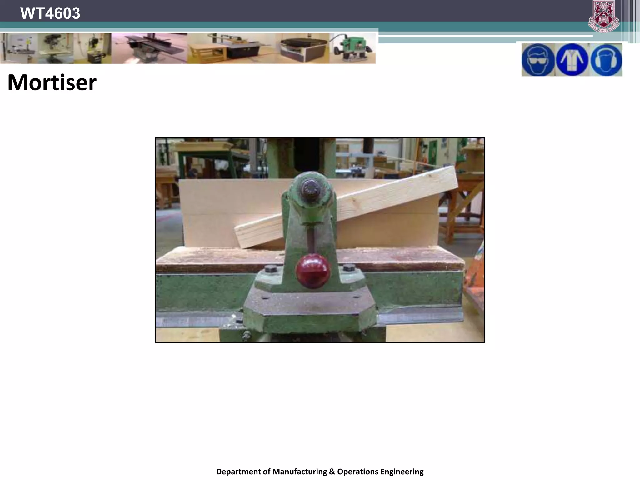 WT4603Step 5C: Formulate cross-cutting planRefer back to your cutting list to make sure you cut pieces to the correct length.After the material has been ripped and surface planned into correct / required sizes, you then have to cross-cut the sections to the required length. For this, you will have to set up the fence on the sliding table to achieve this.Department of Manufacturing & Operations Engineering
