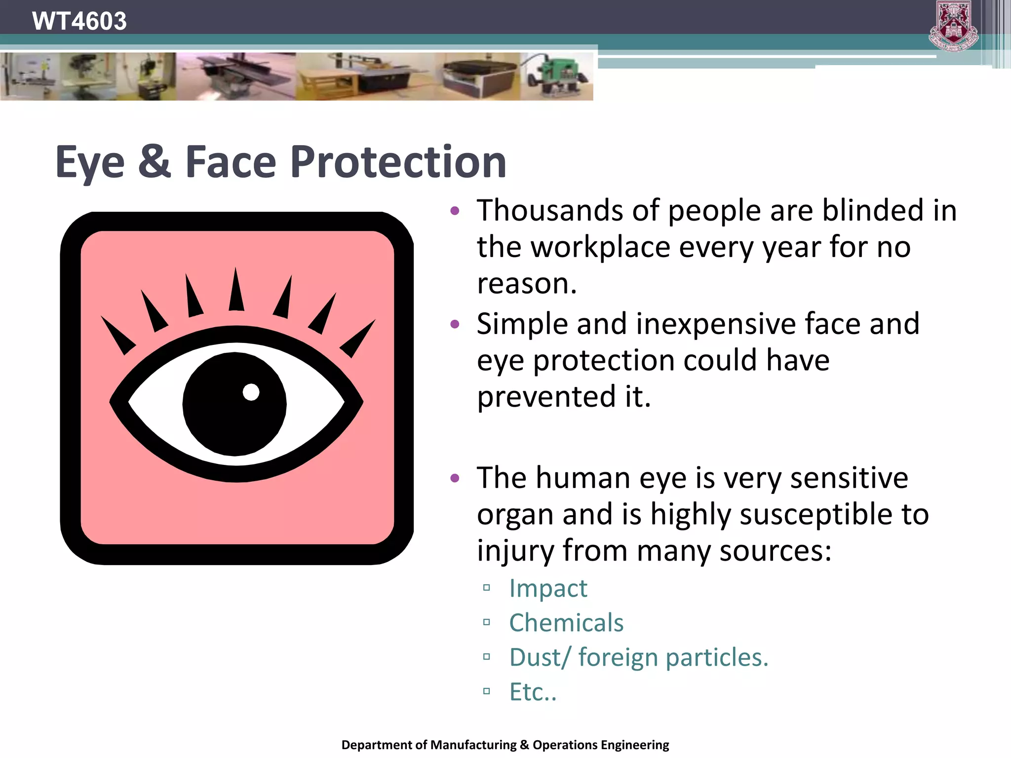 Sharing PPEWT4603Under no circumstances should pupils be allowed to share PPE.Why Not?Associated hygiene issues.Swapping PPE may limit the level of protection offered:Different size/Setting.Make sure everyone has their own!!!Department of Manufacturing & Operations Engineering