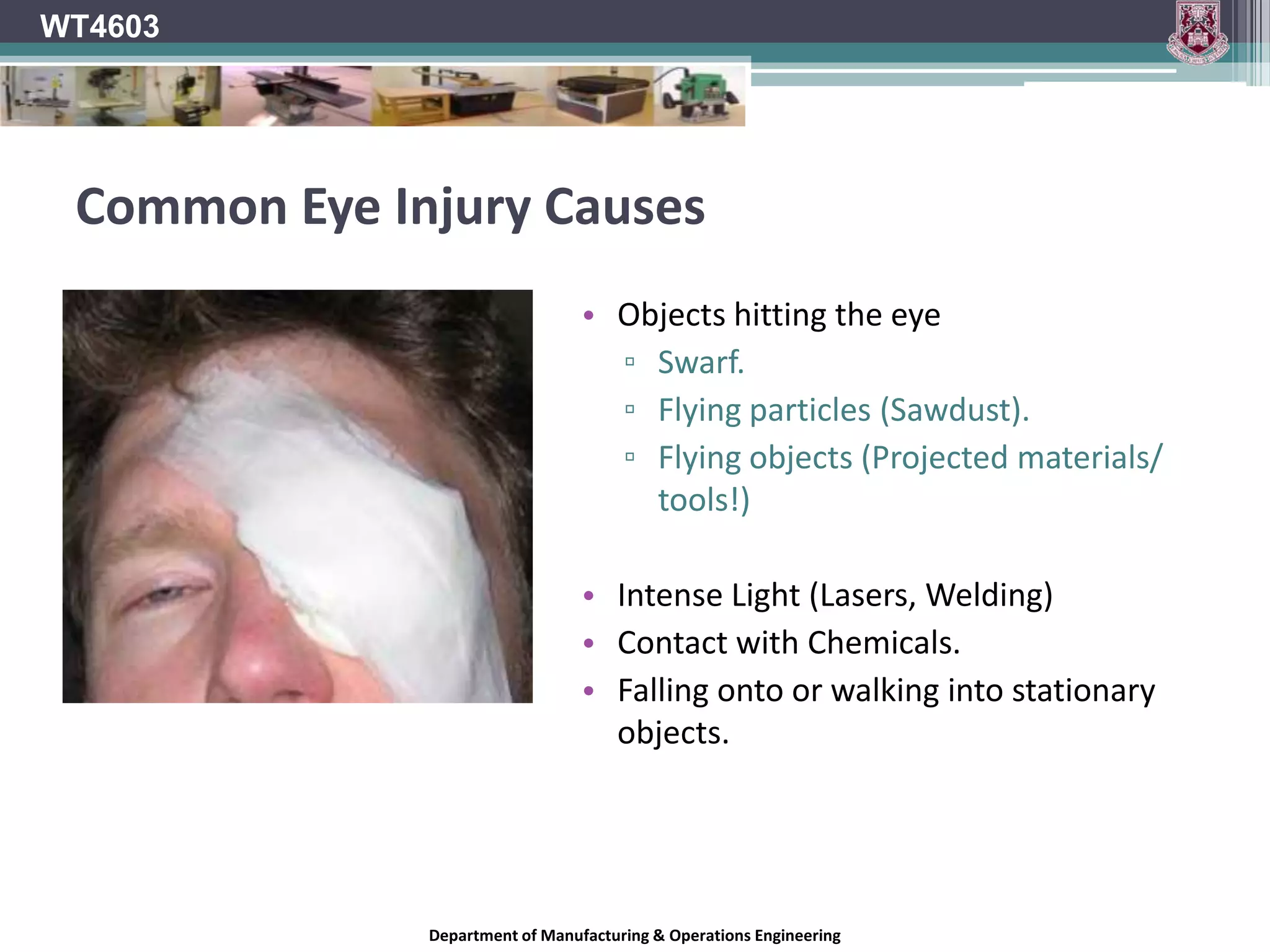 WT4603PPE – Some Factors to ConsiderDEGRADATIONHarmful change of physical properties of a protective clothing material when subjected to a chemical or wear and tear over time.PENETRATIONFlow of chemicals/ hazardous substances through seals such as zips, seams or pinholes.PERMEATIONMovement of the hazardous substance through the protective material itself.Always consult manufacturer’s instructions.Department of Manufacturing & Operations Engineering