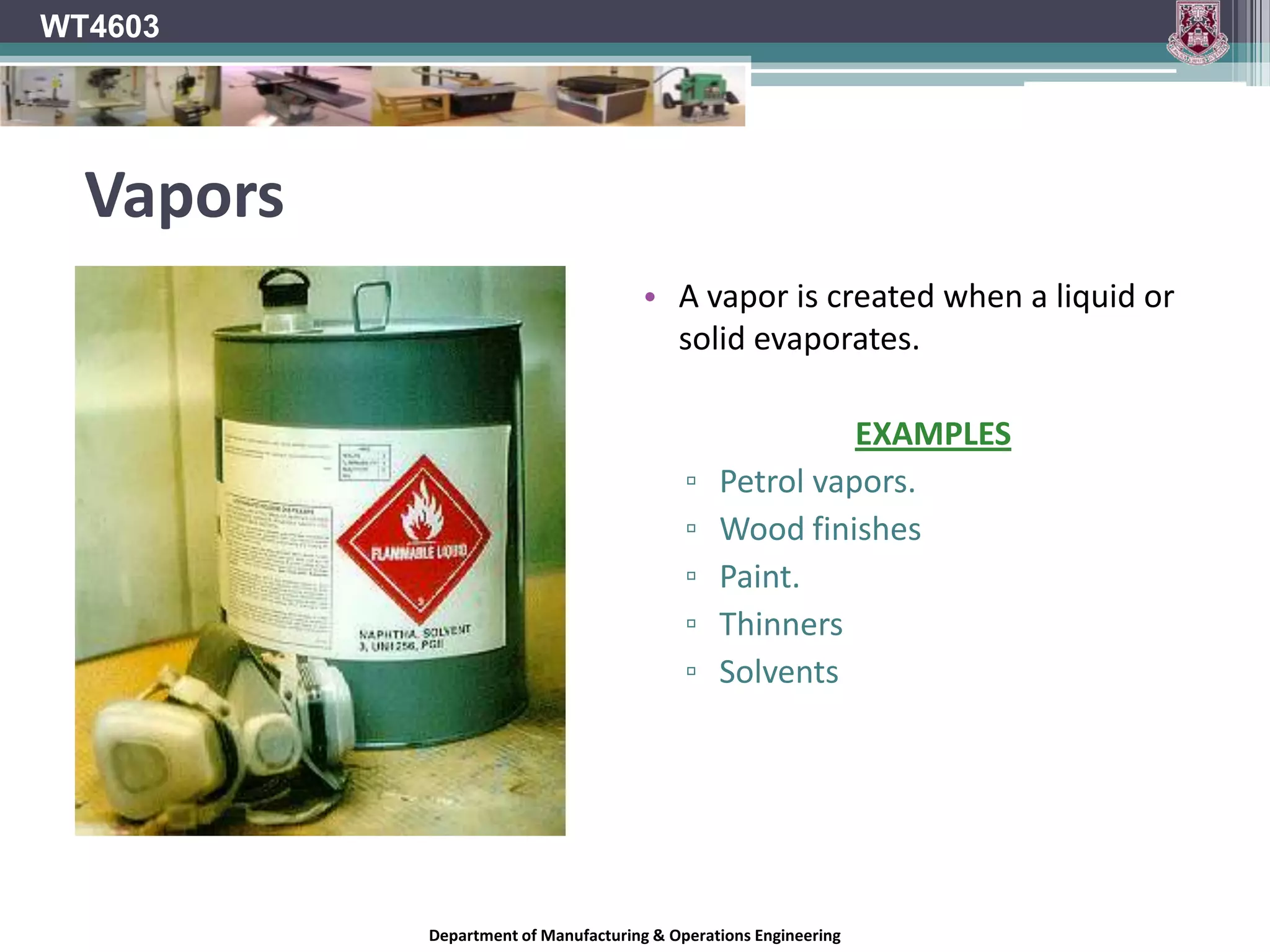 WT4603DustDust is formed when material is broken down into tiny particles.Grinding.	Sanding.Cutting.The Safety, Health and Welfare at Work (Chemical Agents) Regulations 2001 requires all schools to assess and determine the risk posed by any chemical agent including wood dust.Department of Manufacturing & Operations Engineering