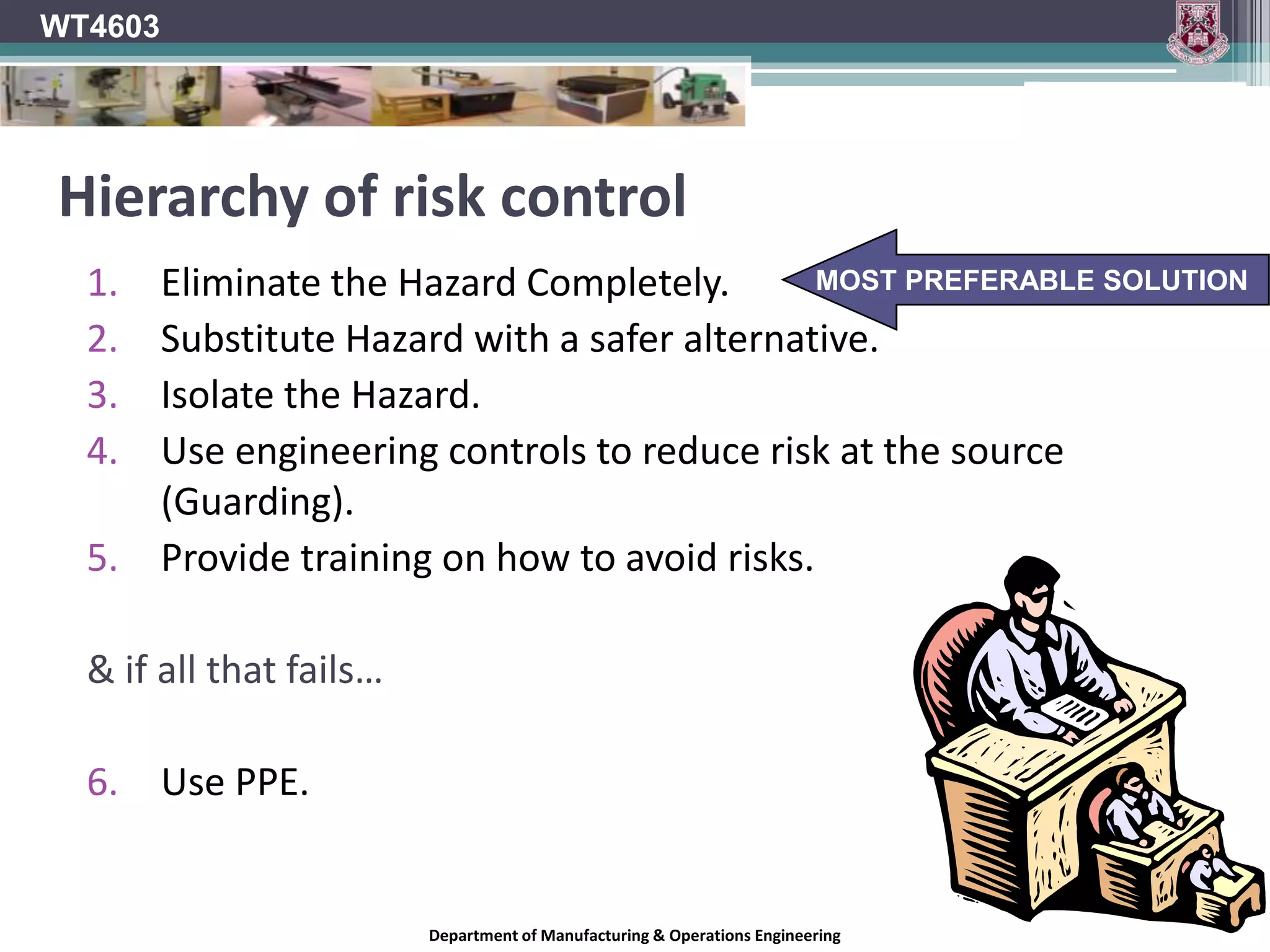 WT4603Personal protective equipmentFor centuries, people have employed the use of Personal Protective Equipment (PPE).Cowboys wore leather chaps.Eskimos wear thick gloves and coats.Medieval knights wore Armour.Soccer players wear shin guards.Department of Manufacturing & Operations Engineering