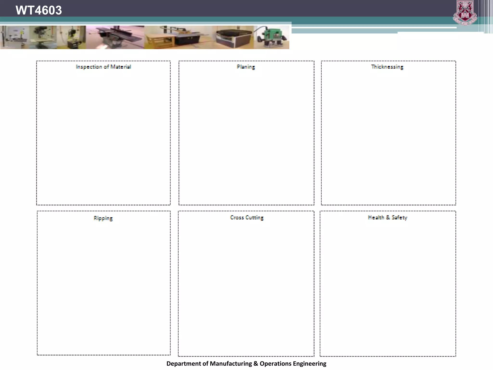 WT4603Encouraging use of PPEStudents should benefit from good example.Teacher should wear PPE whenever appropriate.Signage.Highlight importance of PPE using strategically placed safety signs.Teach safety as part of working, not just an add-on.Department of Manufacturing & Operations Engineering