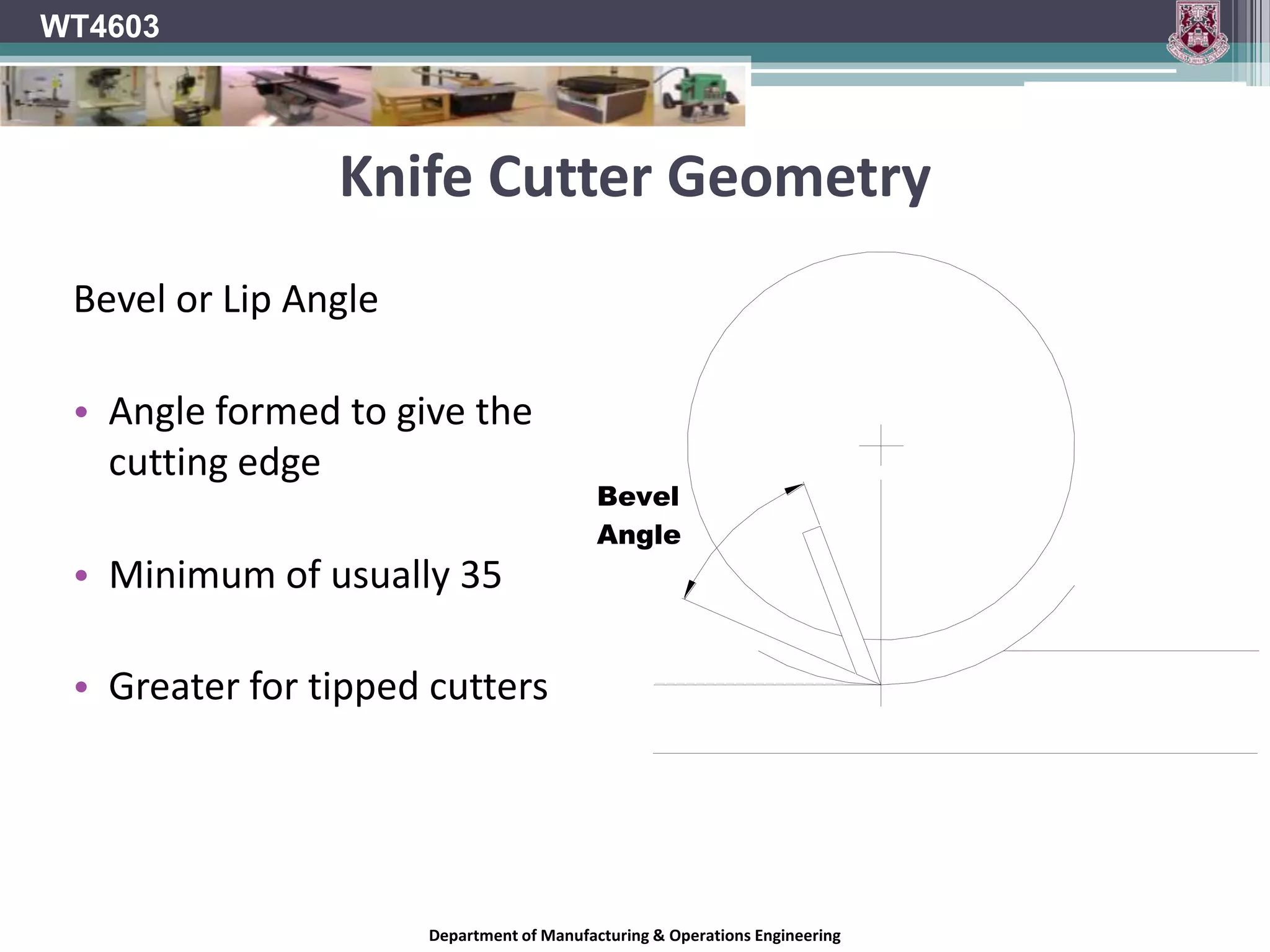 Surface PlanerWT4603Because if its brittle nature TC cutters require a more obtuse sharpness angle than the HSS cutters (more support for the cutting edge). This makes it less satisfactory for cutting softwoods than HSS knives which can be ground to a more acute cutting angle.Department of Manufacturing & Operations Engineering