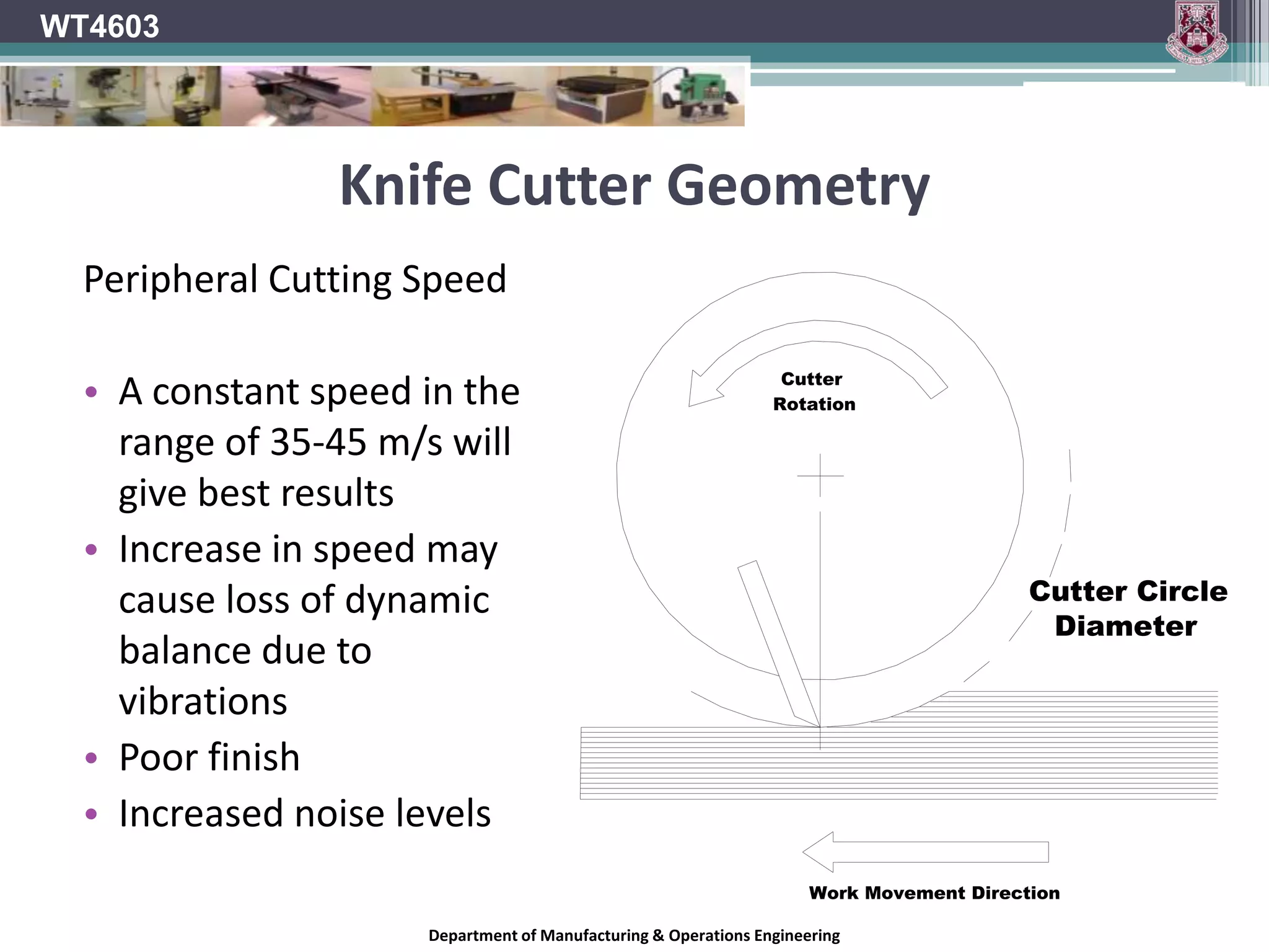 WT4603Knife Cutter geometryRake or Cutting angleAngle created between the face of the cutting knife and the centre of the cutter blockCan have a wide rangeSoftwoods	27° to 35 °Hardwoods	15° to 25 °Department of Manufacturing & Operations Engineering