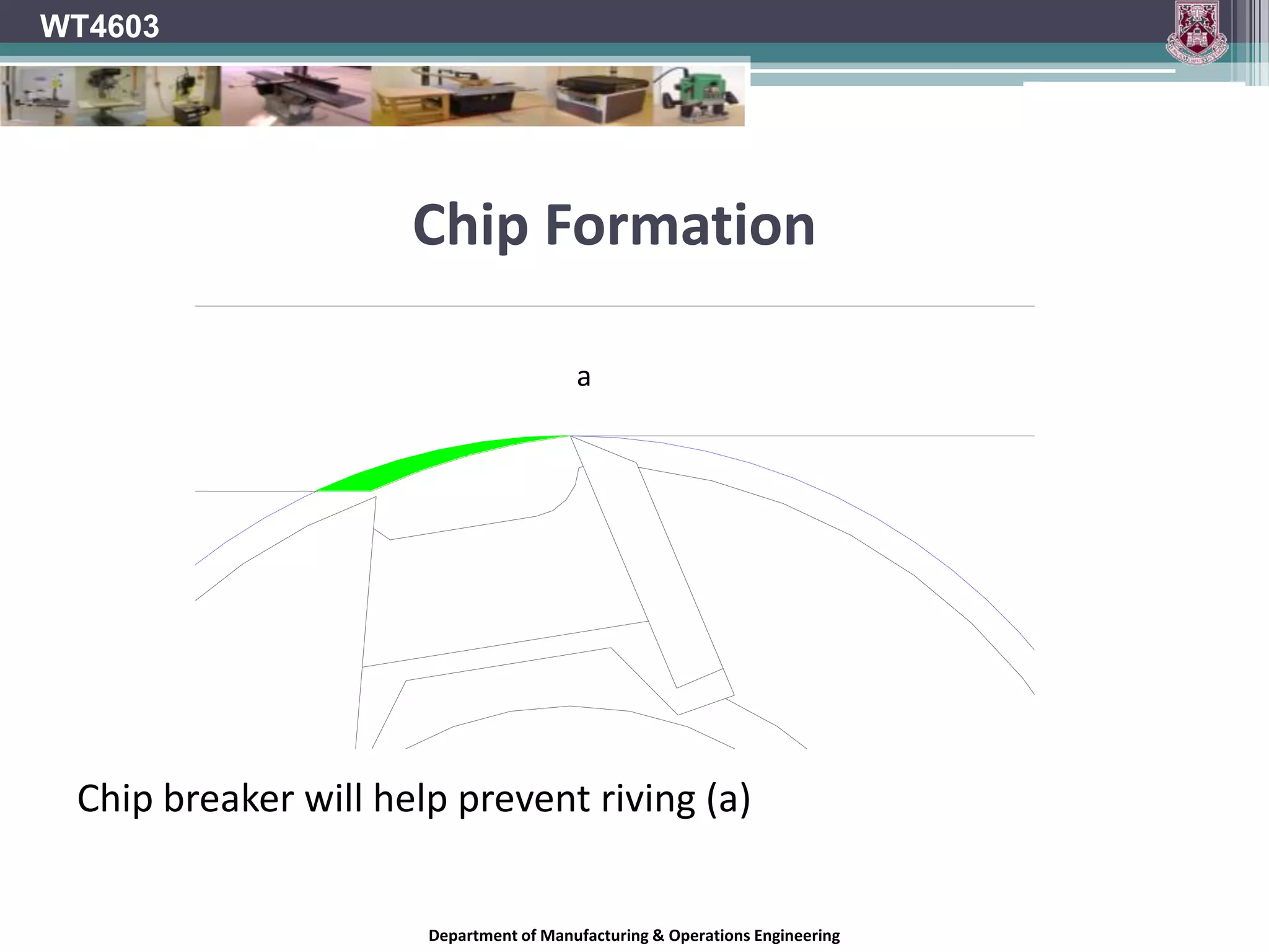 WT4603Surface PlanerOverheating can be avoidedBy taking light cuts.By ensuring that the grind wheel is ‘dressed’ when required to ensure that the face is open and not glazed when grinding the knives.By using a ‘soft’ grinding wheel on HSS cutters – the soft structure of the wheel allows its grains to break away as soon as they are blunt revealing sharper ones.By wet grinding – this is the grinding of cutters while partially submerged in a mixture of water and soluble oil. The water is a coolant to prevent frictional heat developing and to disperse it should it occur. The oil prevents rust in the cutters and it provides a degree of cutting lubrication.Department of Manufacturing & Operations Engineering