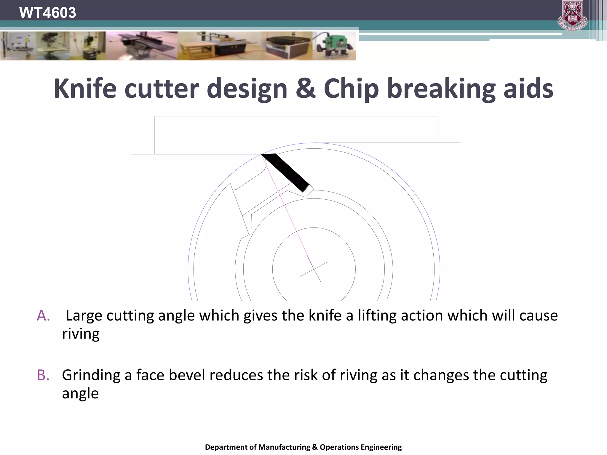 WT4603Surface PlanerSetting Cutters in Block Before setting the following points should be checked. The out feed table and cutter block must be clean and free from dust resin. Method of adjusting cutters.Area where setting device is used from should be free from resin and damage.Straightness of cutters.Cutters correctly balanced both in weight and end for end.Department of Manufacturing & Operations Engineering