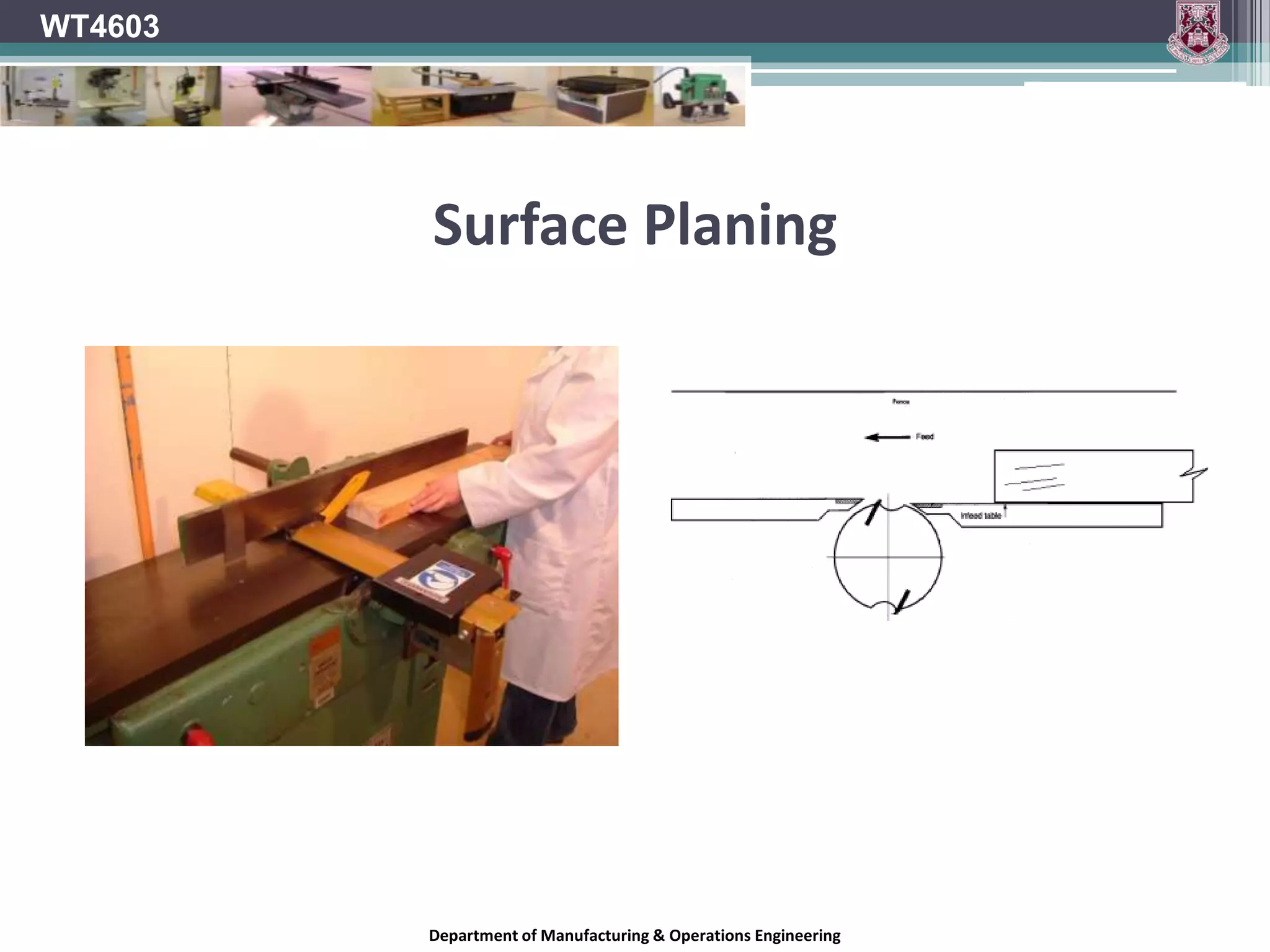WT4603Setting Planer KnivesWhen planing wooden material a number of factors combine to generate the flat surface.Number of cutting knives in the blockSpeed of the revolving blockFeed speed of the materialKnife cutter designChip breaking aidsNature and species of the materialDepartment of Manufacturing & Operations Engineering