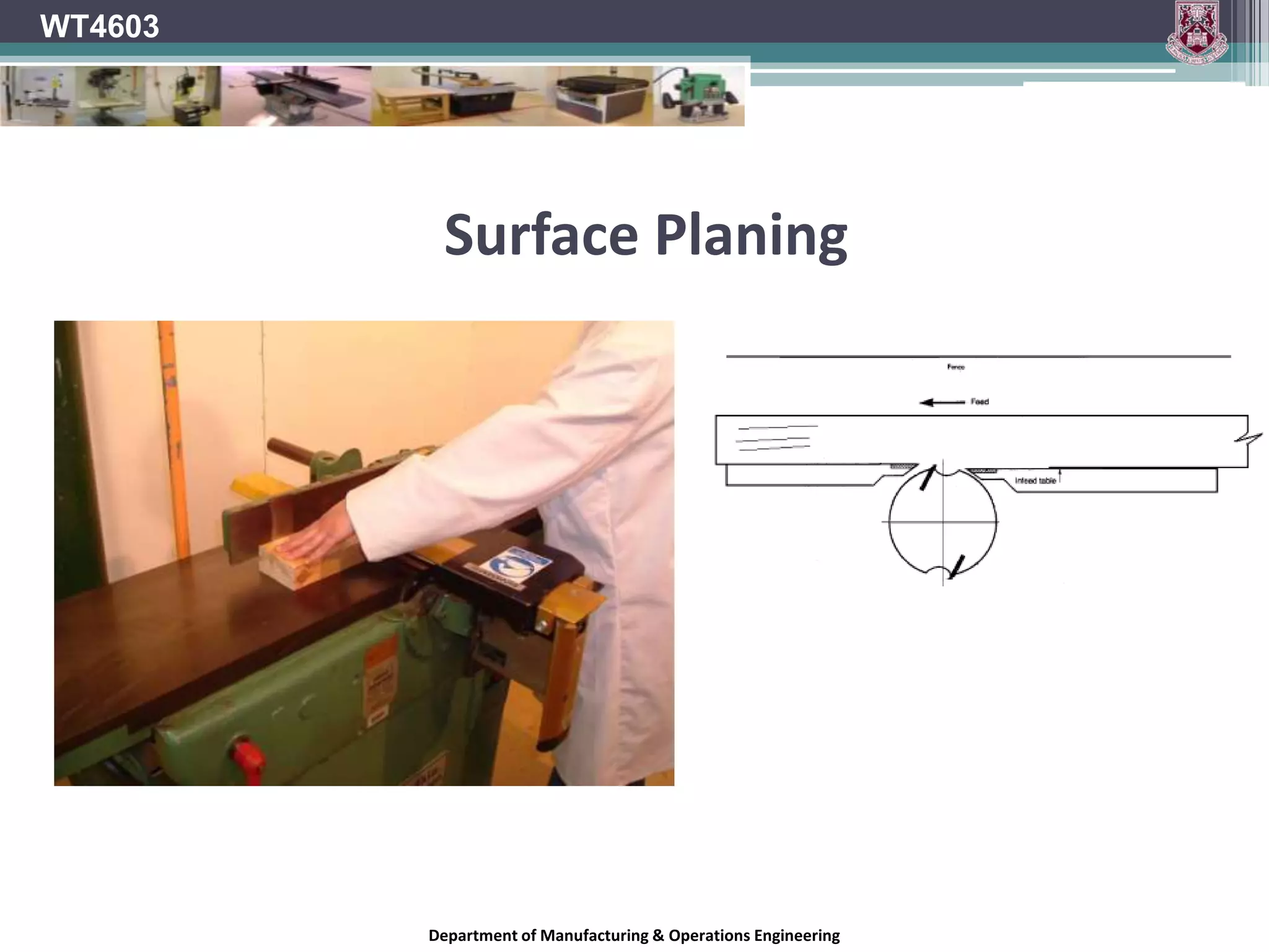 Knife cutter design & Chip breaking aidsThe cutter projection and the shape of the block face cause the severed chip to bend back causing a crack across its widthThis makes long grain riving less likely(Chip breaker not shown)WT4603Department of Manufacturing & Operations Engineering