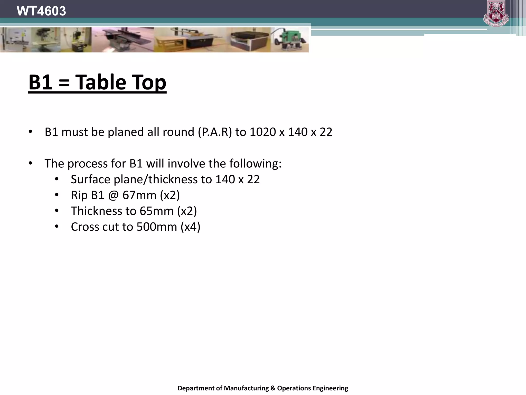 WT4603Cutters (Router bits)Cutter diameter will have a direct effect on the power required form the router motor.Department of Manufacturing & Operations Engineering