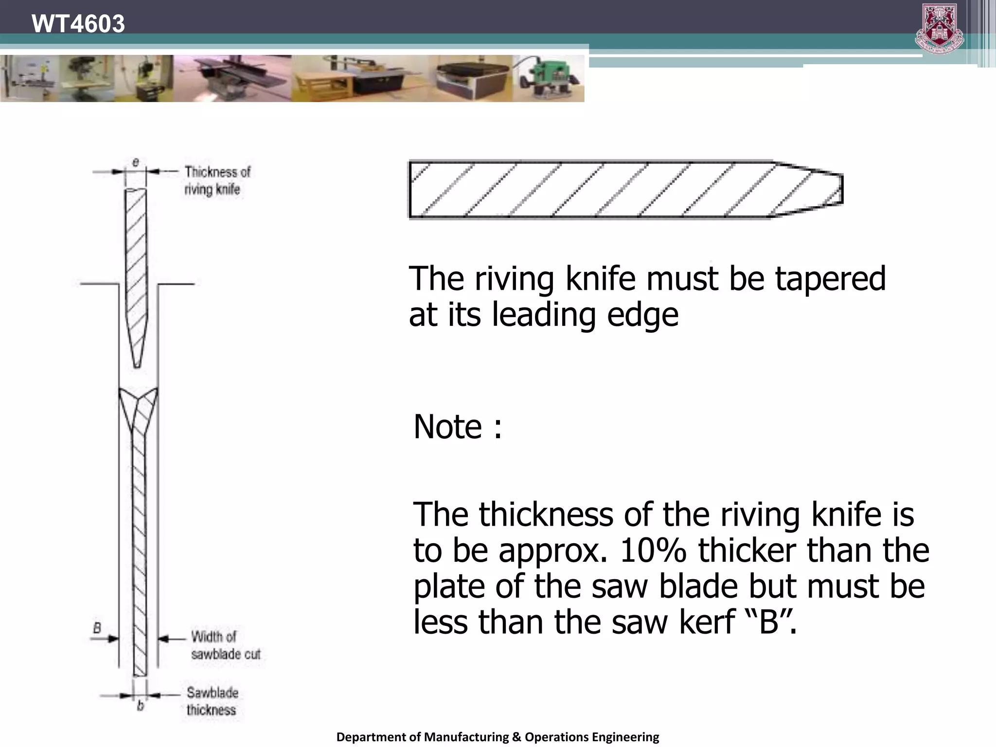 Tooth ConfigurationWT4603A crosscut blade is designed to give a smooth cut across the grain of the wood, without any splintering or tearing of the material.A crosscut blade will usually have from 60 to 80 teeth. More teeth mean that each tooth has to cut less material. The result is a cleaner cut on edges and a smoother cut surface.  With a top-quality crosscut blade, the cut surface will appear polished.Department of Manufacturing & Operations Engineering