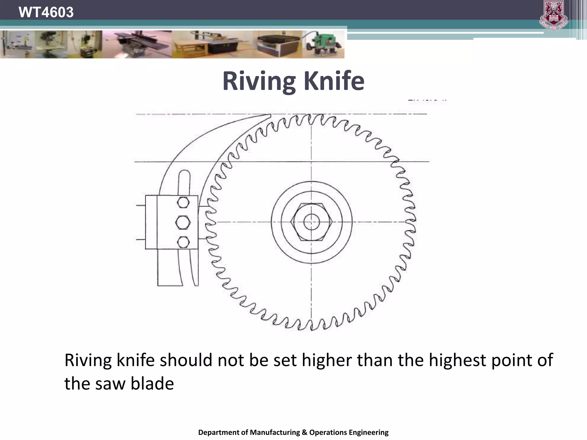 WT4603GulletThe gullet is the space cut away from the blade plate in front of each tooth to allow for chip removal.  	In a ripping operation, the feed rate is faster than in crosscutting and the chip size is bigger, so the gullet needs to be deep enough to make room for the large amount of material it has to handle. 	In a crosscutting blade the chips are smaller and fewer per tooth, so the gullet is much smaller.  The gullets on some crosscutting blades are purposely sized small to inhibit a too-fast feed rate, which can be a problem, especially on radial arm and sliding mitre saws. Department of Manufacturing & Operations Engineering