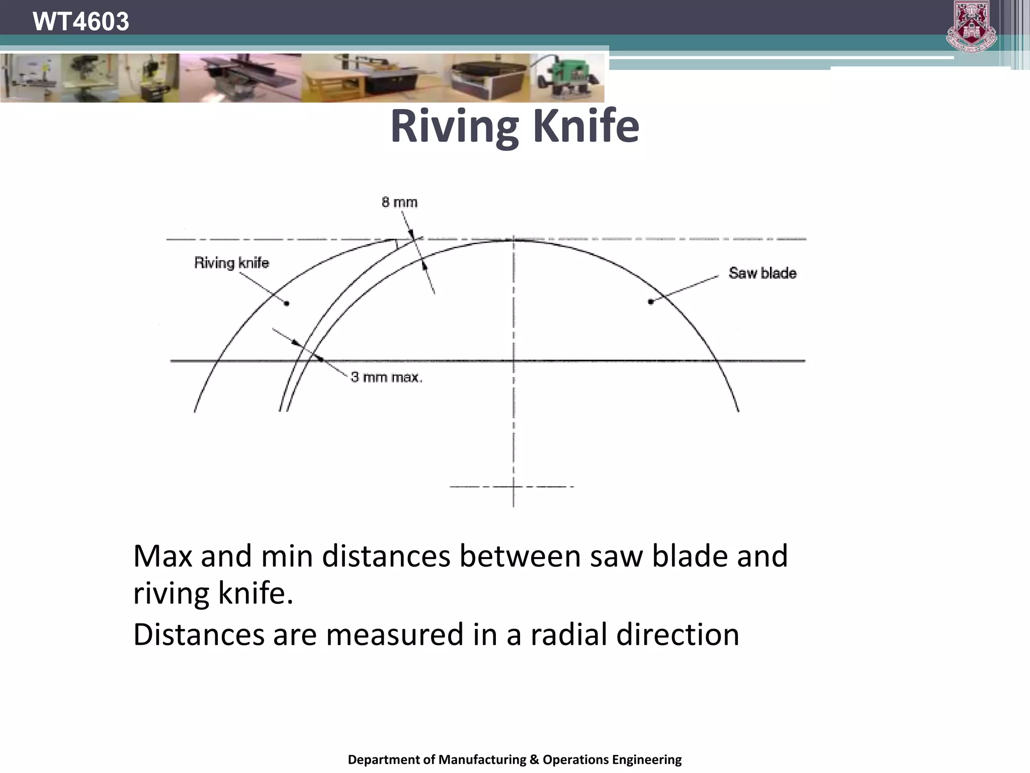 Riving KnifeWT4603	The riving knife must be tapered at its leading edge	Note :	The thickness of the riving knife is to be approx. 10% thicker than the plate of the saw blade but must be less than the saw kerf “B”.Department of Manufacturing & Operations Engineering