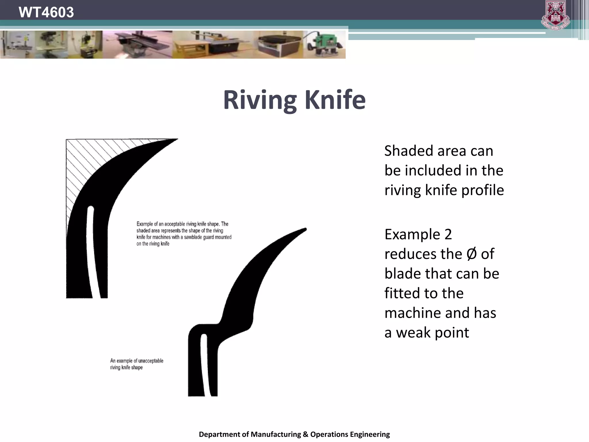 WT4603Riving Knife	Riving knife should not be set higher than the highest point of the saw bladeDepartment of Manufacturing & Operations Engineering