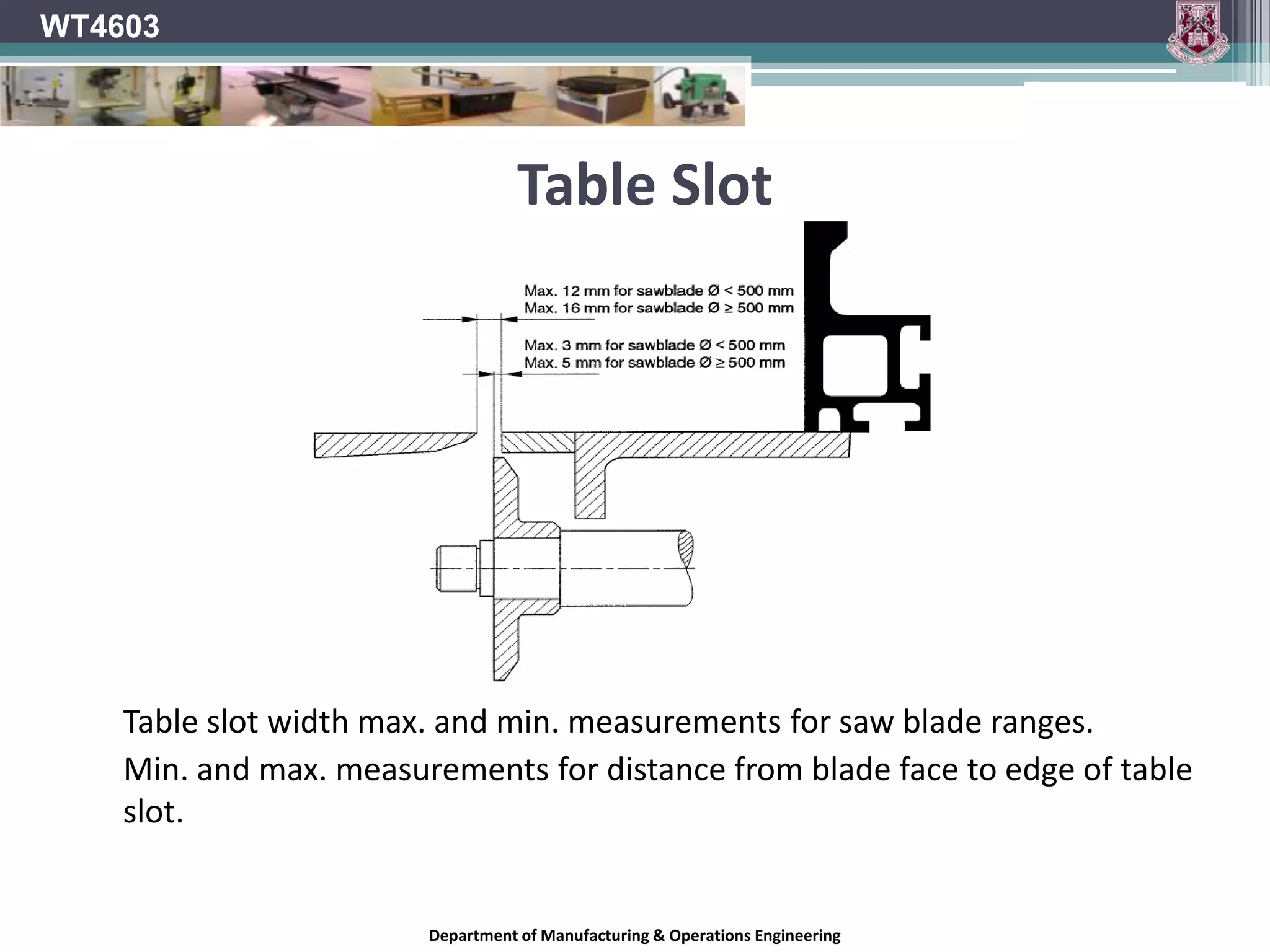 WT4603Riving Knife	Max and min distances between saw blade and riving knife.	Distances are measured in a radial directionDepartment of Manufacturing & Operations Engineering