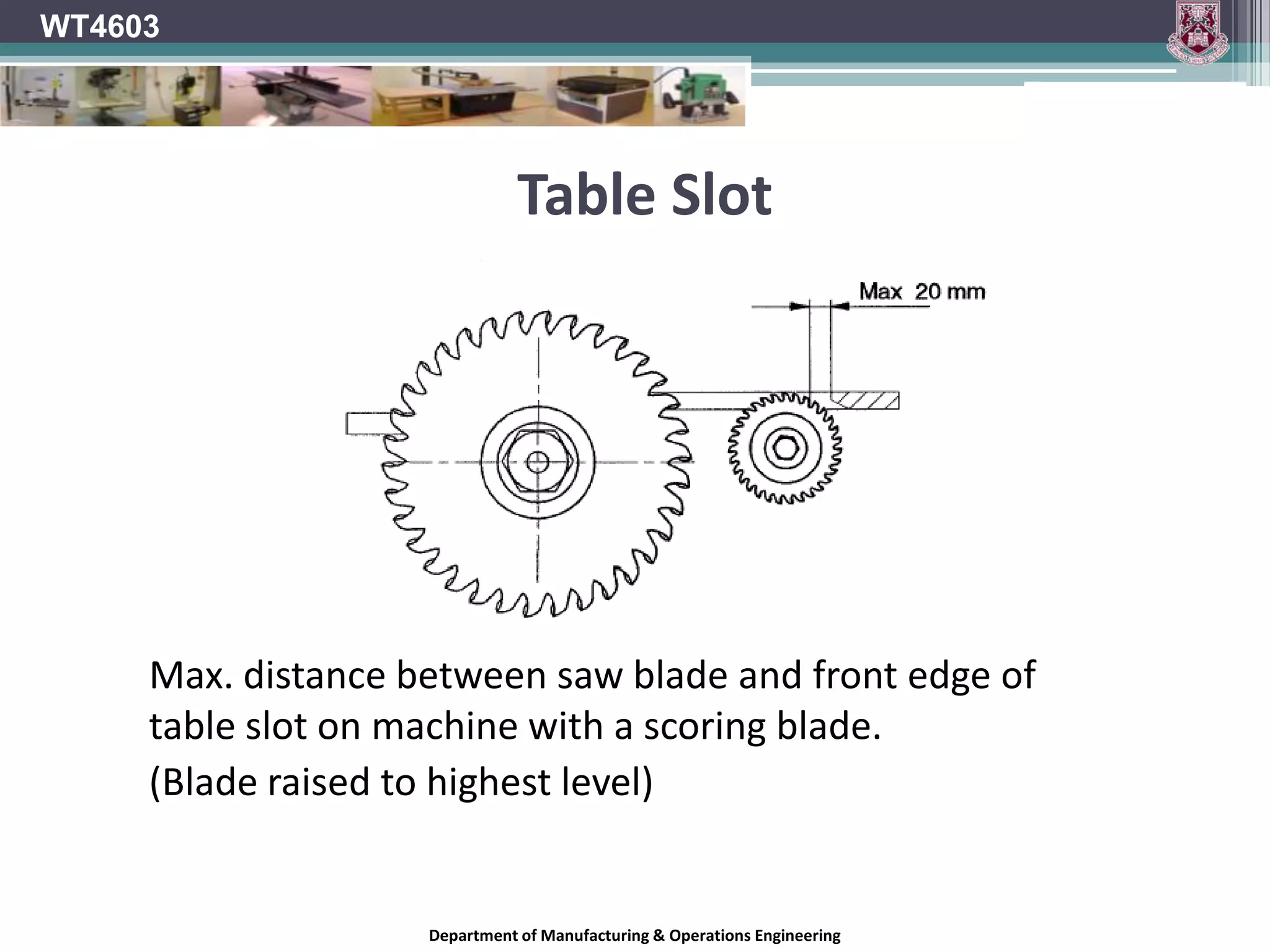 WT4603Riving Knife	When viewed in the direction of the blade edge the riving knife should not be visible to the operator.Department of Manufacturing & Operations Engineering