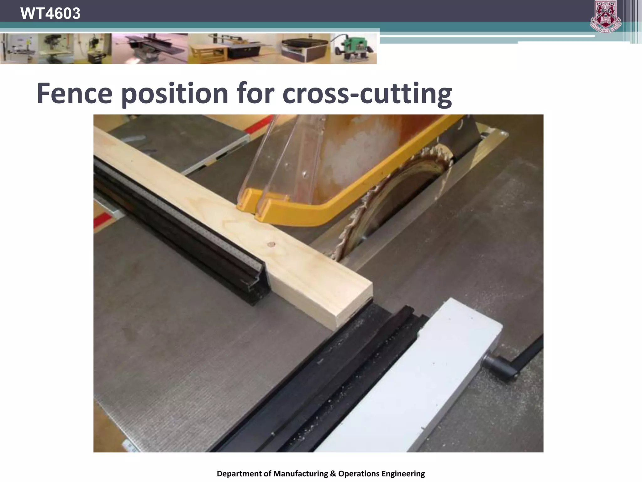WT4603FenceMust be parallel to the saw bladeClamping mechanismcam  screw lockSliding fenceHorizontal positionVertical positionDepartment of Manufacturing & Operations Engineering