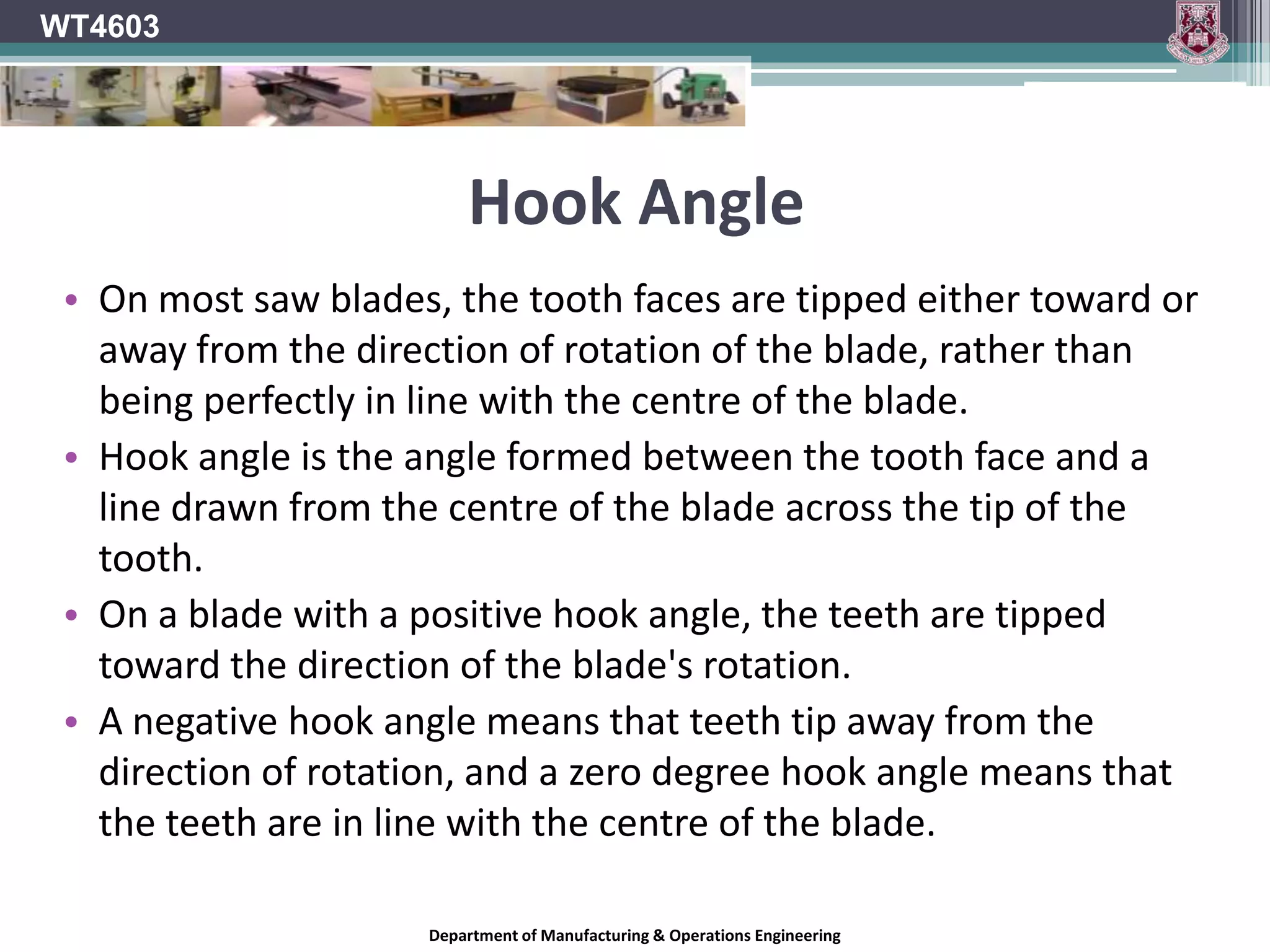 Risk control measuresFixed guards (removable only with the use of a tool), or alternatively interlocked guards that encloses the drive mechanisms.It should be possible to lock the machine to off when not in use, if a locking device is not incorporated in the machine.There should be sufficient space around the saw bench so that the timber can be handled safely. The floor of the work area should be level. The floor surface should be kept free from loose material and should be non-slippery.WT4603Department of Manufacturing & Operations Engineering
