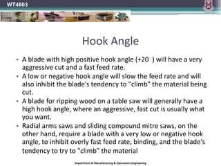 Hook AngleWT4603	In both Rip and Cross-cutting saws the Hook angle determinesThe feel of the cutThe quality of the finishThe power consumedDepartment of Manufacturing & Operations Engineering