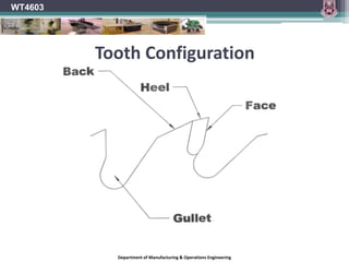 WT4603Tooth Configuration	A ripping blade will have a Flat Top Grind (FTG) for fast cutting with the grain.Department of Manufacturing & Operations Engineering
