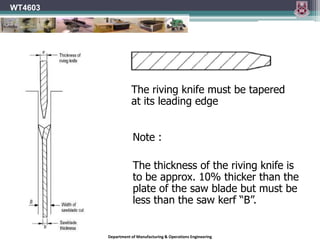 Tooth ConfigurationWT4603A crosscut blade is designed to give a smooth cut across the grain of the wood, without any splintering or tearing of the material.A crosscut blade will usually have from 60 to 80 teeth. More teeth mean that each tooth has to cut less material. The result is a cleaner cut on edges and a smoother cut surface.  With a top-quality crosscut blade, the cut surface will appear polished.Department of Manufacturing & Operations Engineering