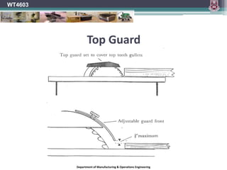 Plate TensionTraditionally this was done by highly skilled labour but modern saw manufacturers use machine operated rollers to achieve a faster more uniform result.This within limits allows the plate to expand uniformly in uneven temperature gradients.A blade which has lost its tension will be seen to be throwing from side to side.This is most noticeable as the blade slows down after the machine is switched off.If this is the case the blade should be removed and sent for servicing.This can be reduced by cooling the blade tip while in operation by packing.WT4603Department of Manufacturing & Operations Engineering