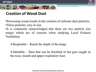 WT4603
Department of Manufacturing & Operations Engineering
•Processing wood results in the creation of airborne dust particles.
•These particles vary in size
•It is commonly acknowledged that there are two particle size
ranges which are of concern when studying Local Exhaust
Ventilation.
Respirable – Reach the depth of the lungs
Inhalable – Dust that can be breathed in but gets caught in
the nose, mouth and upper respiratory tract
Creation of Wood Dust
 