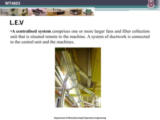 Department of Manufacturing & Operations Engineering
WT4603
•A centralised system comprises one or more larger fans and filter collection
unit that is situated remote to the machine. A system of ductwork is connected
to the central unit and the machines.
L.E.V
 