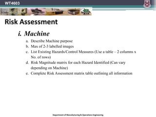 Department of Manufacturing & Operations Engineering
WT4603
i. Machine
a. Describe Machine purpose
b. Max of 2-3 labelled images
c. List Existing Hazards/Control Measures (Use a table – 2 columns x
No. of rows)
d. Risk Magnitude matrix for each Hazard Identified (Can vary
depending on Machine)
e. Complete Risk Assessment matrix table outlining all information
Risk Assessment
 