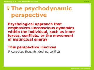 The psychodynamic perspective Psychological approach that emphasizes unconscious dynamics within the individual, such as inner forces, conflicts, or the movement of instinctual energy This perspective involves Unconscious thoughts, desires, conflicts chapter 1 
