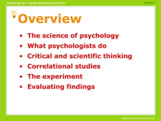 Overview The science of psychology What psychologists do Critical and scientific thinking Correlational studies The experiment Evaluating findings chapter 1 