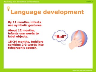Language development By 11 months, infants use symbolic gestures. About 12 months, infants use words to label objects. 18-24 months, toddlers combine 2-3 words into telegraphic speech. chapter 3 