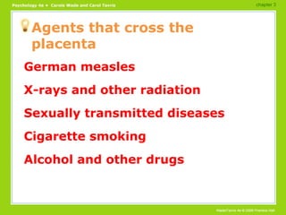 Agents that cross the placenta German measles X-rays and other radiation Sexually transmitted diseases Cigarette smoking Alcohol and other drugs chapter 3 