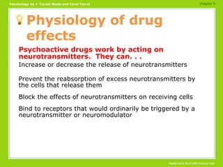 Physiology of drug effects Psychoactive drugs work by acting on neurotransmitters.  They can. . . Increase or decrease the release of neurotransmitters Prevent the reabsorption of excess neurotransmitters by the cells that release them Block the effects of neurotransmitters on receiving cells Bind to receptors that would ordinarily be triggered by a neurotransmitter or neuromodulator chapter 5 