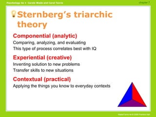 Sternberg’s triarchic theory Componential (analytic) Comparing, analyzing, and evaluating This type of process correlates best with IQ Experiential (creative) Inventing solution to new problems Transfer skills to new situations Contextual (practical) Applying the things you know to everyday contexts chapter 7  