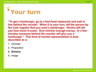 Your turn “ To get a hamburger, go to a fast-food restaurant and wait in line behind the counter.  When it is your turn, tell the person by the cash register that you want a hamburger.  He/she will tell you how much it costs.  Give him/her enough money.  In a few minutes someone behind the counter will give you a hamburger.”  This kind of mental representation is best described as a: 1.  Concept 2.  Proposition 3.  Schema 4.  Image chapter 7  