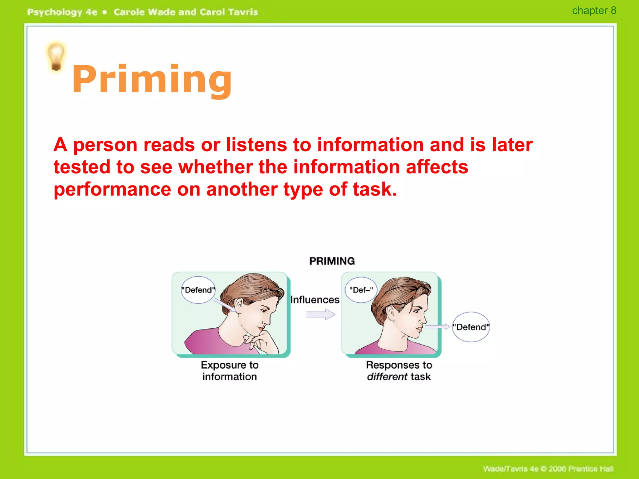 Priming A person reads or listens to information and is later tested to see whether the information affects performance on another type of task. chapter 8 