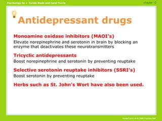 Antidepressant drugs Monoamine oxidase inhibitors (MAOI’s) Elevate norepinephrine and serotonin in brain by blocking an enzyme that deactivates these neurotransmitters Tricyclic antidepressants Boost norepinephrine and serotonin by preventing reuptake Selective serotonin reuptake inhibitors (SSRI’s) Boost serotonin by preventing reuptake Herbs such as St. John’s Wort have also been used. chapter 12 