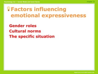 Factors influencing emotional expressiveness Gender roles Cultural norms The specific situation chapter 13 