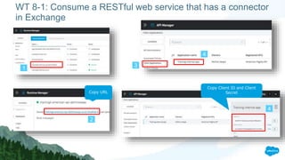 WT 8-1: Consume a RESTful web service that has a connector
in Exchange
1
2
3
4
4
Copy URL
Copy Client ID and Client
Secret
 