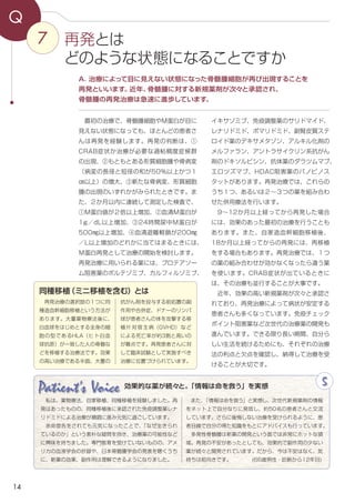 14
7
Q
イキサゾミブ、免疫調整薬のサリドマイド、
レナリドミド、ポマリドミド、副腎皮質ステ
ロイド薬のデキサメタゾン、アルキル化剤の
メルファラン、アントラサイクリン系抗がん
剤のドキソルビシン、抗体薬のダラツムマブ、
エロツズマブ、HDAC阻害薬のパノビノス
タットがあります。再発治療では、これらの
うち１つ、あるいは２～３つの薬を組み合わ
せた併用療法を行います。
　9〜12か月以上経ってから再発した場合
には、効果のあった最初の治療を行うことも
あります。また、自家造血幹細胞移植後、
18か月以上経ってからの再発には、再移植
をする場合もあります。再発治療では、１つ
の薬の組み合わせが効かなくなったら違う薬
を使います。CRAB症状が出ているときに
は、その治療も並行することが大事です。
　近年、効果の高い新規薬剤が次々と承認さ
れており、再発治療によって病状が安定する
患者さんも多くなっています。免疫チェック
ポイント阻害薬など次世代の治療薬の開発も
進んでいます。できる限り長い期間、自分ら
しい生活を続けるためにも、それぞれの治療
法の利点と欠点を確認し、納得して治療を受
けることが大切です。
　最初の治療で、骨髄腫細胞やM蛋白が目に
見えない状態になっても、ほとんどの患者さ
んは再発を経験します。再発の判断は、①
CRAB症状か治療が必要な過粘稠度症候群
の出現、②もともとある形質細胞腫や骨病変
（病変の長径と短径の和が50％以上かつ１
㎝以上）の増大、③新たな骨病変、形質細胞
腫の出現のいずれかがみられたときです。ま
た、２か月以内に連続して測定した検査で、
①М蛋白値が２倍以上増加、②血清М蛋白が
1g／dL以上増加、③24時間尿中М蛋白が
500㎎以上増加、④血清遊離軽鎖が200㎎
／L以上増加のどれかに当てはまるときには、
М蛋白再発として治療の開始を検討します。
再発治療に用いられる薬には、プロテアソー
ム阻害薬のボルテゾミブ、カルフィルゾミブ、
A．治療によって目に見えない状態になった骨髄腫細胞が再び出現することを
再発といいます。近年、骨髄腫に対する新規薬剤が次々と承認され、
骨髄腫の再発治療は急速に進歩しています。
再発とは
どのような状態になることですか
同種移植（ミニ移植を含む）とは
　再発治療の選択肢の１つに同
種造血幹細胞移植という方法が
あります。大量薬物療法後に、
白血球をはじめとする全身の細
胞の型であるHLA（ヒト白血
球抗原）が一致した人の骨髄な
どを移植する治療法です。効果
の高い治療である半面、大量の
抗がん剤を投与する前処置の副
作用や合併症、ドナーのリンパ
球が患者さんの体を攻撃する移
植片対宿主病（GVHD）など
による死亡率が約3割と高いの
が難点です。再発患者さんに対
して臨床試験として実施すべき
治療に位置づけられています。
Patient's Voice 5効果的な薬が続々と。「情報は命を救う」を実感
私は、薬物療法、自家移植、同種移植を経験しました。再
発はあったものの、同種移植後に承認された免疫調整薬レナ
リドミドによる治療が順調に進み元気に過ごしています。
余命宣告をされても元気になったことで、「なぜ生きられ
ているのか」という素朴な疑問を抱き、治療薬の可能性など
に興味を持ちました。専門教育を受けていないものの、アメ
リカの血液学会の抄録や、日本骨髄腫学会の発表を聴くうち
に、新薬の効果、副作用は理解できるようになりました。
また、「情報は命を救う」と実感し、次世代新規薬剤の情報
をネット上で自分なりに発信し、約50名の患者さんと交流
しています。さらに後悔しない治療を受けられるように、患
者目線で自分の得た知識をもとにアドバイスも行っています。
多発性骨髄腫は新薬の開発という面では非常にホットな領
域。再発の不安があったとしても、効果的で副作用の少ない
薬が続々と開発されています。だから、今は不安はなく、気
持ちは前向きです。　　　　(66歳男性・診断から12年目)
 