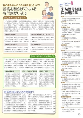 骨髄
骨の中心にある造血組織。白血球、
赤血球、血小板を産出する。
リンパ球
白血球の一種で、感染や病気から
体を守る。
免疫グロブリン
形質細胞によって産出される蛋白
でIgＧ、IgＡ、IgＭ、IgＤ、IgＥの５種
類がある。細菌やウイルスと結合し
病原体の動きを阻止する。
Ｍ蛋白
骨髄腫細胞が産生する蛋白。
アルブミン
血液中の蛋白の一種。骨髄腫の進
行で低下する。
病的骨折
がんなどの病気によって引き起こ
される骨折。
ＭＲＤ
新規薬剤を含む治療や造血幹細胞
移植後も、患者の体の中に残ってい
るとみられる微小な病変。「ＭＲＤ陰
性＝完治」ではない。
染色体
細胞核にありＤＮＡと蛋白質からな
る成分で、遺伝子情報を保持、保有。
形質細胞腫
がん化した形質細胞が限局して腫
瘍を形成したもの。
寛解
血液中や尿中のM蛋白が減少した
状態。完全に消失した完全寛解と部
分的に消失した部分寛解がある。
導入療法
骨髄腫を消滅させるための第１段
階の治療法。
幹細胞
細胞を生む働きのある細胞。造血
幹細胞は、白血球、赤血球、血小板
などの血液細胞を産出する。
フレイル
「虚弱」を意味する英語frailtyが語
源で、高齢になって筋力、体力が衰
えた状態。
腫瘍崩壊症候群
薬物療法によって一気に骨髄腫細
胞が崩れ、がん細胞の死骸から放出
された成分により、腎不全や不整脈
を引き起こす。重症になると死亡す
るケースも。
予後
患者がどのような経過をたどるの
かという見込みや予測。
経済的に困ったときの対策は？
　骨髄腫の治療は長期間にわたるため、
治療費の自己負担がかさみます。経済的
な問題は、治療の継続や治療薬の選択に
も関わるので、心配なときや困っている
ときには担当医に率直に伝えましょう。
　公的医療保険には、高額な治療費がか
かったときの自己負担を軽減する高額療
養費制度があります。公的医療保険の窓
口に申請して「限度額適用認定証」を受
け取り、事前に病院に提出すれば、外来でも
入院でも窓口の支払いが自己負担限度額の範
囲内で済みます。
　治療費や生活費、就労の問題などで困った
ときはかかっている病院の相談室、または近
くのがん診療連携拠点病院の相談支援センタ
ーを活用しましょう。相談支援センターでは、
地域のがん患者さんや家族からの相談も受け
付けています。
多発性骨髄腫
医学用語集
知っておきたい
体の痛みに対するケア
・緩和ケア外来
　がんの痛みには骨髄腫そのものが原因となる痛み、治療に伴う痛み、床ずれなど療養に関連
した痛みなどがあります。がん対策基本法では「初期からの痛みのケア」の重要性が示されて
おり、痛みのケアはいつでも必要なときに受けられます。痛みがあったら我慢せずに、まずは
担当医や看護師に伝えましょう。骨髄腫の場合は、痛みやつらい症状の軽減は最後まで血液内
科医が行うことが多いものの、必要に応じて、緩和ケアチームや在宅緩和ケア医、心の専門家
（下欄）と連携しています。
　がんの治療中、またはがんの治療を中止、
あるいは一段落した患者さんと家族を対象に、
がんや治療に伴う苦痛のケアを行う外来です。
・緩和ケア病棟（ホスピス）
　積極的治療が困難になり、入院して痛みや
苦痛のケアを必要とする患者さんを対象にし
た病棟です。
心のつらさに対するケア
　「がんの疑いがある」といわれた時点から患者さんとその家族は不安になったり怒りがこみ
上げてきたりと、さまざまな心の葛藤に襲われます。家族や友人、医師、看護師、相談支援セ
ンターのスタッフにつらい気持ちを打ち明けることで徐々に落ち着くことが多いものの、2～
3割の患者さんと家族は心の専門家（下欄）の治療が必要だといわれています。眠れないなど
生活に支障が出ているようなら担当医や看護師に相談し心の専門家を紹介してもらいましょう。
・臨床心理士
　臨床心理学にもとづく知識
や技術を使って心の問題にア
プローチする専門家のことで
す。がん診療連携拠点病院を
中心に、臨床心理士は医師や
看護師と連携して心のケアを
行っています。
・精神腫瘍医
　がん患者さんとその家族の
精神的症状の治療を専門とす
る精神科医または心療内科医
のことです。厚生労働省や日
本サイコオンコロジー学会を
中心に精神腫瘍医の育成や研
修が行われています。
・心をケアする専門看護師
　がん看護専門看護師や精神
看護専門看護師（リエゾンナ
ース）、緩和ケア認定看護師
が、患者さんと家族の心のケ
アとサポートも行います。不
安や心配ごとは我慢せずに伝
えましょう。
体の痛みや心のつらさを我慢しないで！
苦痛を和らげてくれる
専門家がいます
・緩和ケアチーム
　一般病棟の入院患者さんに対して担当医や
病棟看護師と協力し、多職種のチームで痛み
の治療やがんに伴う苦痛の軽減を行います。
・在宅緩和ケア
　痛みのケアは自宅でも入院中と同じように
在宅医や地域の在宅緩和ケアチームから受け
られます。
15
 